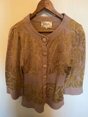 Vintage LiaMolly Pinkish/Tan Knit Cardigan with Gold/Olive Jacquard - M
